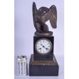 A 19TH CENTURY EUROPEAN BRONZE EAGLE SLATE MANTEL CLOCK with blue enamel numerals. 43 cm x 15 cm.