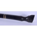 A VERY RARE 19TH CENTURY CONTINENTAL CARVED FULL RHINOCEROS HORN SWAGGER STICK and shoe horn, formed
