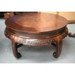 A RARE 19TH CENTURY CHINESE CIRCULAR HARDWOOD TABLE with burr inset top, upon scrolling legs. 36 cm