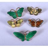 FIVE VINTAGE SILVER AND ENAMEL BUTTERFLY BROOCHES. 9 grams. 3 cm x 1.5 cm. (5)