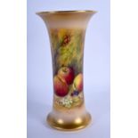 Royal Worcester trumpet shaped vase painted with fruit by Wm. Ricketts, signed, date mark 1928, shap