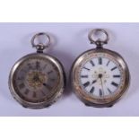 TWO ANTIQUE SILVER FOB WATCHES. 77 grams overall. Largest 4.5 cm wide. (2)