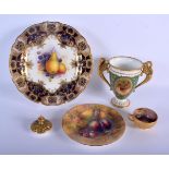 Royal Worcester items: a blue and gilt bordered plate painted with fruit by A. Shuck, a side plate p