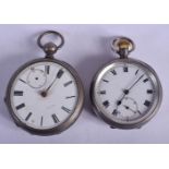 TWO ANTIQUE SILVER POCKET WATCHES. 170 grams overall. 6.5 cm wide. (2)