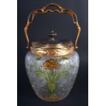 A FINE FRENCH ART NOUVEAU ENAMELLED FROSTED GLASS BISCUIT BARREL possibly by Legras, painted with st