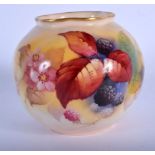 Royal Worcester spherical vase with spiral moulding painted with autumnal leaves and berries by Kitt