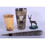 AN ANTIQUE SILVER MOUNTED HUNTING BEAKER together with a silver and malachite deer etc. (4)