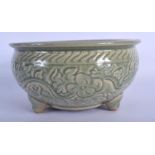 A 19TH CENTURY CHINESE LONGQUAN CELADON MOULDED CENSER Ming style, decorated with foliage. 23 cm x 1
