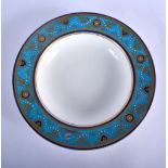 19th c. Minton deep plate with turquoise border, a white jewelled chain, gilded hearts and flowers a
