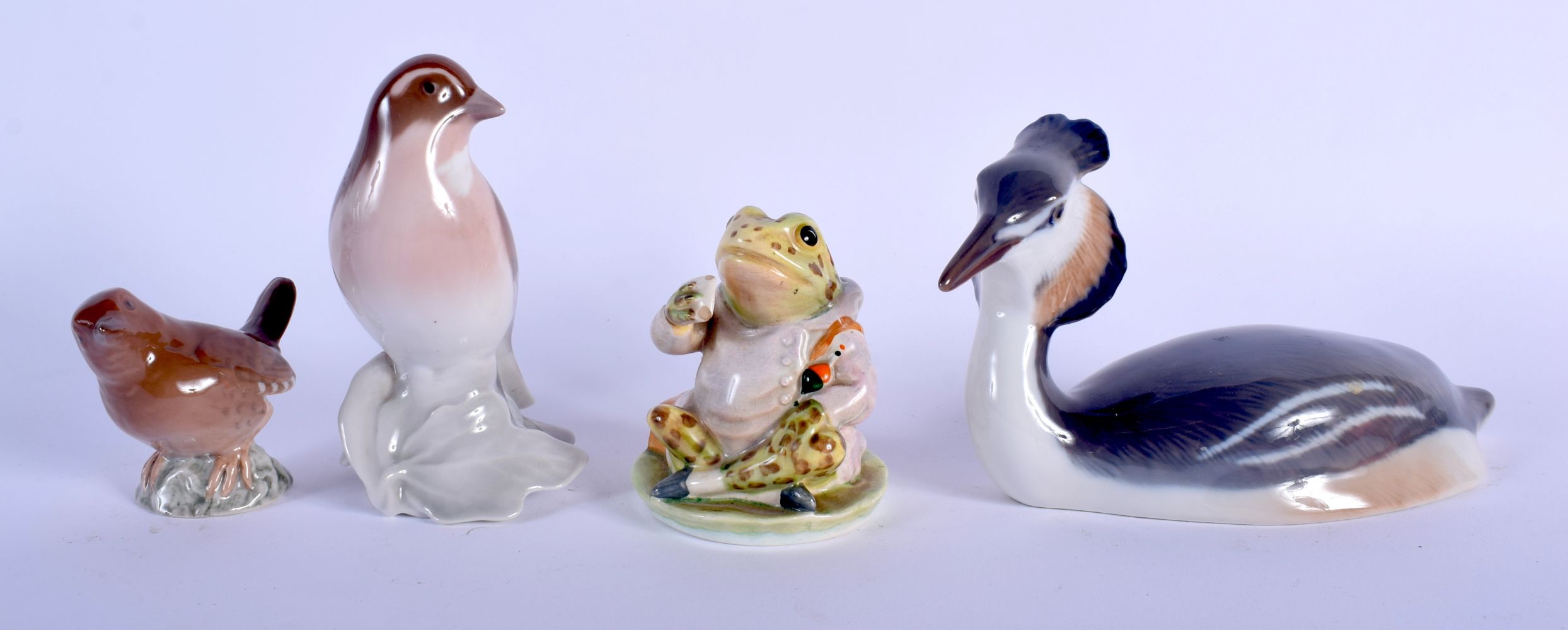 A BESWICK GOLD STAMP BEATRIX POTTERY JEREMY FISHER FIGURE together with three Bing & Grondahl figure