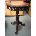 A 19TH CENTURY CHINESE CARVED HARDWOOD HONGMU MARBLE INSET TABLE decorated with foliage and vines. 8
