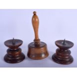 A PAIR OF QUEEN ANNE STYLE TREEN PRICKET CANDLESTICKS and a mallet. Largest 18 cm high. (3)
