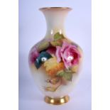Royal Worcester vase of baluster shape painted with roses by Sibley Lewis, signed, date mark 1910, s