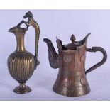 A 19TH CENTURY INDIAN GRAND TOUR TYPE BRONZE JUG together with a Tibetan Monks Cap style mixed metal