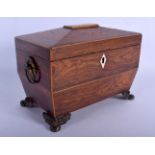 AN ANTIQUE ROSEWOOD TWO DIVISION TEA CADDY with brass feet. 20 cm x 14 cm.