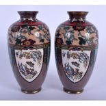 A PAIR OF EARLY 20TH CENTURY JAPANESE MEIJI PERIOD CLOISONNE ENAMEL VASES decorated with foliage. 12