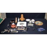 Miscellaneous group, vase, tie press, costume jewellery, beads etc Qty .