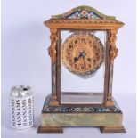 A LATE 19TH CENTURY FRENCH ONYX AND CHAMPLEVE ENAMEL MANTEL CLOCK with figural supports. 34 cm x 22