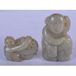 TWO EARLY 20TH CENTURY CHINESE CARVED GREEN JADE FIGURES. Largest 6 cm x 3 cm. (2)