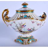 A ROYAL CROWN DERBY TWIN HANDLED PORCELAIN VASE AND COVER by Cuthbert Gresley, painted with birds. 1