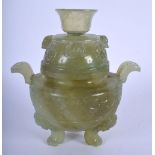 AN EARLY 20TH CENTURY CHINESE TWIN HANDLED JADE CENSER AND COVER Late Qing/Republic. 15 cm x 11 cm.