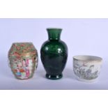 A 19TH CENTURY CHINESE CANTON FAMILLE ROSE JAR AND COVER together with a jar & a vase. Largest 16 cm