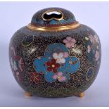 A LATE 19TH CENTURY JAPANESE MEIJI PERIOD CLOISONNE ENAMEL CENSER AND COVER decorated with foliage.