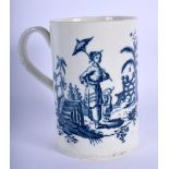 18th c. Worcester mug decorated in blue with chinoiserie designs Le Peche and La Promenade. 12cm hi