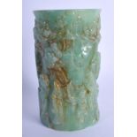 A CHINESE GREEN STONE BRUSH POT 20th Century. 12 cm x 5 cm.