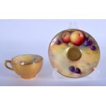 Royal Worcester demi-tasse cup and saucer painted with fruit, the saucer by H. Everette, signed, the