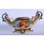 Royal Worcester two handled boat shaped vase painted autumnal leaves and berries by Kitty Blake, sig