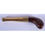 AN UNUSUAL ANTIQUE HARPER CLASSIC WOOD BUTT BRONZE PISTOL. 14 cm long.