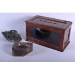 AN EDWARDIAN DESK LETTER BOX together with two stone ashtrays. Largest 30 cm x 16 cm. (3)