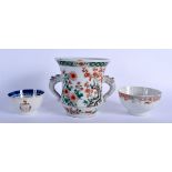 A 19TH CENTURY CHINESE TWIN HANDLED FAMILLE VERTE PORCELAIN CUP Kangxi style, together with two bowl