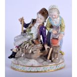 A 19TH CENTURY MEISSEN PORCELAIN FIGURE OF A BOY AND GIRL modelled upon a sleigh chopping logs. 14 c