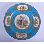 A 19TH CENTURY EUROPEAN PORCELAIN POWDER BLUE GROUND PLATE Sevres style, painted with lovers and ani