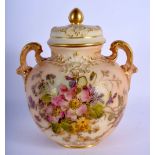 Royal Worcester blush ivory two handled vase and cover painted with dog roses and wildflowers, date
