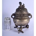 A CHINESE TWIN HANDLED BRONZE CENSER AND COVER 20th Century, with figural supports. 27 cm x 15 cm.