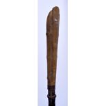 A 19TH CENTURY CONTINENTAL CARVED RHINOCEROS HORN HANDLED WALKING CANE with bamboo shaft. 90 cm lon