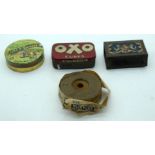 A group of small vintage tins Golf, oxo and a reel of Hustler soap tape . (4)