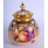 A ROYAL WORCESTER FRUIT PAINTED POT POURRI AND COVER by T Nutt. 12 cm x 7 cm.