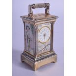 A CHARMING ANTIQUE MINIATURE ENAMELLED CARRIAGE CLOCK painted with theatrical figures. 6 cm x 3 cm.