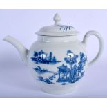 18th c. Worcester teapot and cover printed with the Man in Pavilion pattern. 14.5cm high and 18.5cm