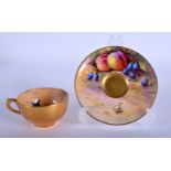 Royal Worcester demi-tasse cup and saucer painted with fruit by W. Hale, signed, date mark 1924. Cu