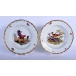 A PAIR OF 19TH CENTURY MEISSEN PORCELAIN BARBED BOWLS painted with fowl and exotic birds within land