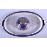 AN ART DECO SILVER AND ENAMEL CLEAR GLASS INKWELL. 18 cm x 11 cm.