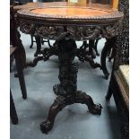 A 19TH CENTURY CHINESE HARDWOOD HONGMU CIRCULAR TABLE carved with dragons, foliage and trailing vine