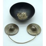 A pair of Tibetan Tingsha bells and a small singing bowl 12.3cm (2)
