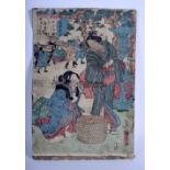 AN EARLY 20TH CENTURY JAPANESE MEIJI PERIOD WOODBLOCK PRINT decorated with figures and landscapes. 2