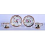 A RARE PAIR OF 18TH CENTURY MEISSEN MARCOLINI PERIOD PORCELAIN CUPS AND SAUCERS unusually decorated
